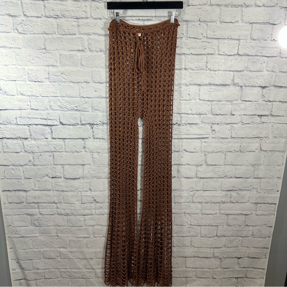 Love Sense Crochet Brown Beach Vacay Swim Cover Up Flair Pants Sz Large